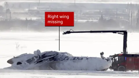 Steve Russell/Getty Images Annotated image showing the plane from the opposite side lying upside down and with the right wing clearly missing.