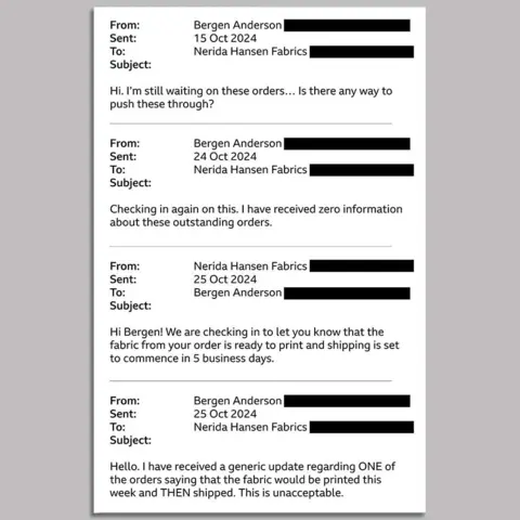Graphic showing email exchanges between Bergen Anderson and Nerida Hansen Fabrics. The first email from Bergen Anderson to Nerida Hansen Fabrics, sent on 15 October 2024, says: "Hi. I'm still waiting on these orders... is there any way to push these through?" The next email from Bergen Anderson to Nerida Hansen Fabrics, sent on 24 October 2024, says: "Checking in again on this. I have received zero information about these outstanding orders." The third email is from Nerida Hansen Fabrics to Bergen Anderson on 25 October: "Hi Bergen! We are checking in to let you know that the fabric from your order is ready to print and shipping is set to commence in 5 business days." The fourth email is from Bergen Anderson to Nerida Hansen Fabrics on 25 October 2024: "Hello. I have received a generic update regarding ONE of the orders saying that the fabric would be printed this week and THEN shipped. This is unacceptable."