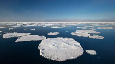 Getty images pieces of white floating in the deep blue ocean, with a light blue sky above