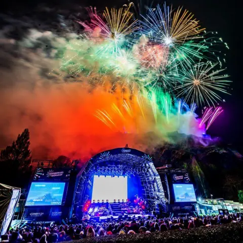 Keith Valentine Fireworks of all colours, oranges, pinks, greens and whites light up the night sky above the stage at the Ross Bandstand.