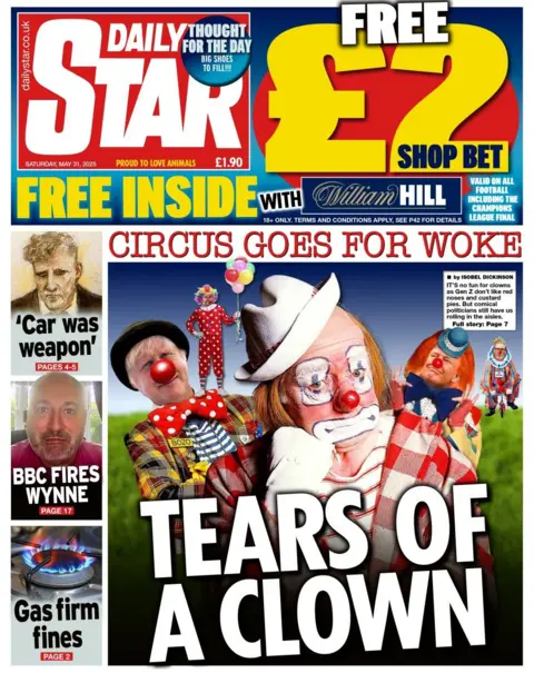 The front page of the Daily Star includes a picture of clowns in a garden, which are politicians, with the headline: Tears of a clown. Beside, there is a story about the man who was arrested after a car ploughed into a crowd in Liverpool. The sub-headline reads: 'Car was weapon'.