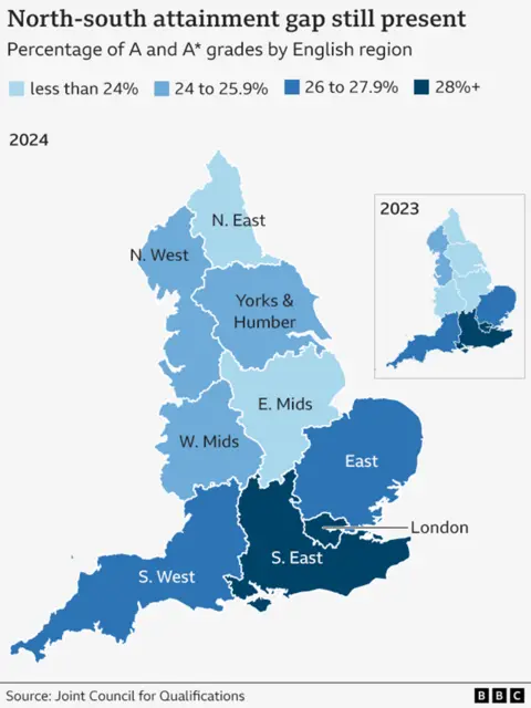 A map of England showing the percentage of top grades in different regions this year, compared to 2023.