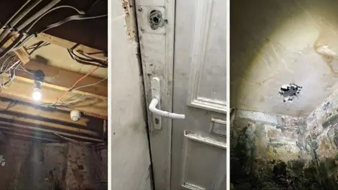 A composite of three photos showing exposed cables in a ceiling, mould on doors, and a hole in the ceiling.
