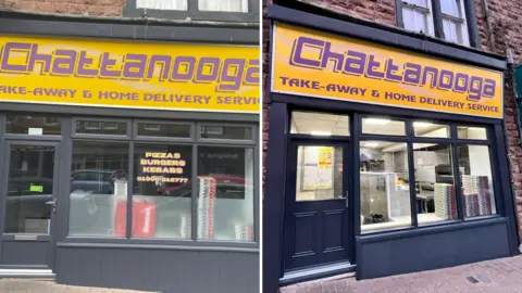 Lesley Bahreini A composit image showing the front of the Chattanooga takeaway before and after the work. The shop has a sign with the name a yellow background and purple lettering. The door is to the left of the building with a window in three paned sections on the left. The left-hand picture, showing the PVC front is a grey colour, with tongue and groove at the bottom of the window pane section. The right-hand picture shows the shop after the front was changed to traditional materials. Is it painted black and the tongue and groove has been replaced by one large black panel.