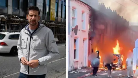 Dan Johnson split screen with burning house.