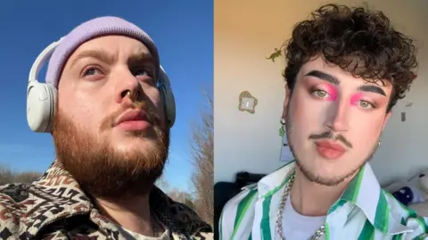Creative Central Christopher Niari and Sam Barley. Niari has a ginger beard and a nose ring. He is wearing a purple beanie hat and white headphones. Barley has brown curly hair and a short beard and moustache. He is wearing pink eyeshadow.