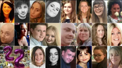 Family handouts A photograph of each victim who was killed in the Manchester Arena bombing has been included in a collage. All the photographs have been released by their families. In the bottom left-hand corner is a picture of the tributes including flowers and balloons that were left in the city centre shortly after the attack.