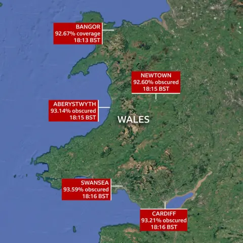 A map of Wales showing how visible the solar eclipse is across Wales.