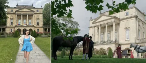 Melissa Maddock / Netflix Picture 1 - A woman in a blue dress and white cardigan with brown hair hands with her hands on her hips in front of an attractive, grand Georgian building with flowers and a lawn outside. Picture 2 - A still from Bridgerton Season 1 episode 1 showing the exterior of Lady Danbury's House