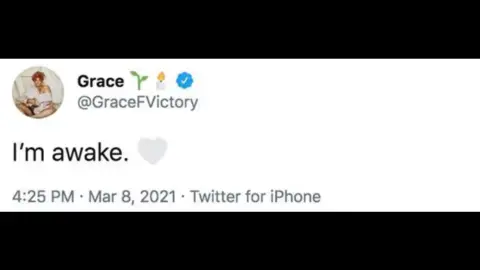 A tweet from March 8 2021 saying: "I'm awake"