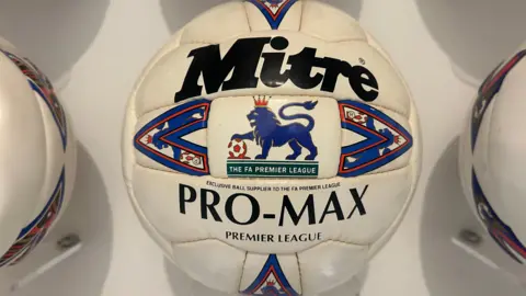 A close up picture of the Mitre Pro-Max which was the ball used in the inaugural Premier League season in 1992.
