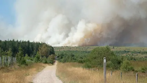 A plume of smoke rises into the sky during a wildfire in the Hautes Fagnes (High Fens) nature reserve in Belgium
