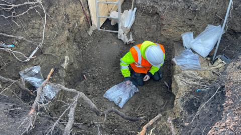 A large pit in the ground with a man in hi-vis looking at a skeleton