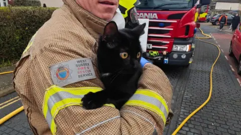A firefighter holding onto a black cat with bright yellow eyes. There is a fire engine beside them.