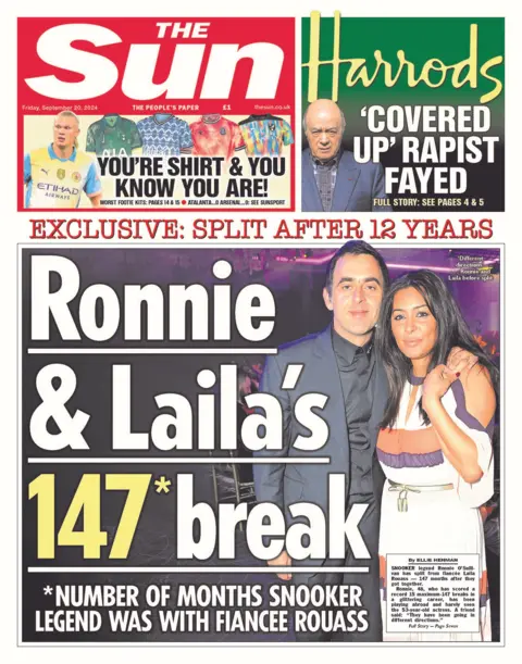 The Sun headlines reads: "Ronnie and Laila's 147 break" 