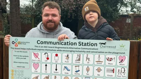 Robert Martin Robert Martin and his seven-year-old son, standing behind a communication board