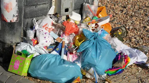 Eddie Mitchell Bags of rubbish dumped next to a bin on a shingle beach. 