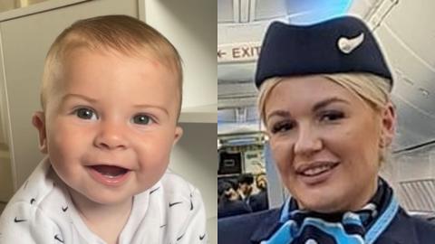 A composite, on the left is a young boy with fair hair smiling at the camera, on the right is a woman with blonde hair in a navy airline uniform hat, jacket and scarf looking at the camera. 