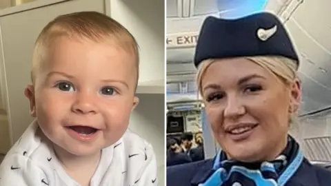 Family handout A composite, on the left is a young boy with fair hair smiling at the camera, on the right is a woman with blonde hair in a navy airline uniform hat, jacket and scarf looking at the camera. 