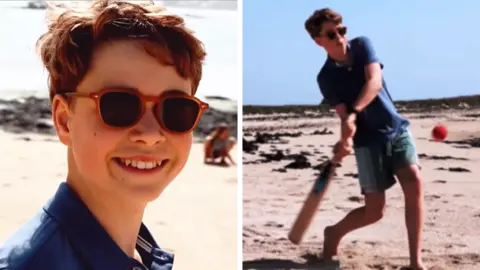 Composite image of screenshots from a video of Prince George on the beach in Cornwall. In the left image he is seen smiling at the camera while wearing a blue polo shirt and red sunglasses. In the right picture he is seen holding a cricket bat as a ball comes towards him