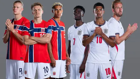 Getty Images Three Norway players and three England players stand next to one another in full kit ahead of their game
