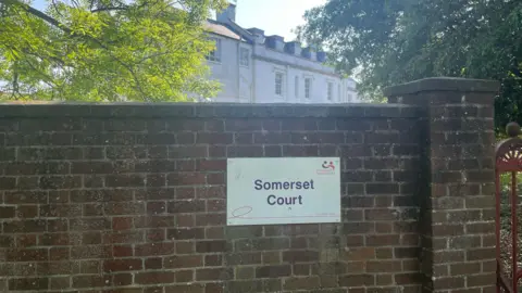 A white sign with pink and purple lettering reading 'The National Autistic Society' and 'Somerset Court'. The sign is mounted on a red brick wall