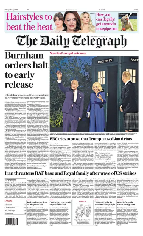 The headline on the front page of the Daily Telegraph reads: “Burnham orders halt to early release”.