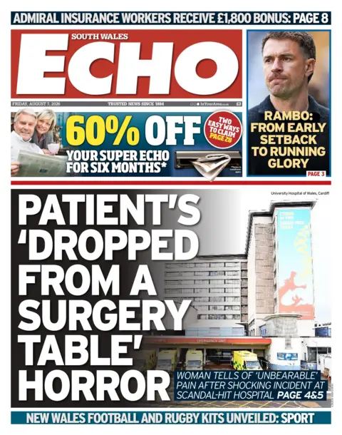 South Wales Echo The front page of South Wales Echo. Main headline reads: Patients 'dropped from a surgery table' horror. Woman tells of 'unbearable' pain after shocking incident at scandal-hit hospital. 