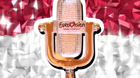 a Gold microphone with a red and white background.