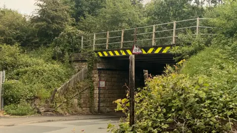 A former railway bridge that carried the Leamside Line is now overgrown with vegetation. There are a few pieces of metal missing, including from the railings, and there is a triangular sign warning people their vehicles must be under a certain height. 