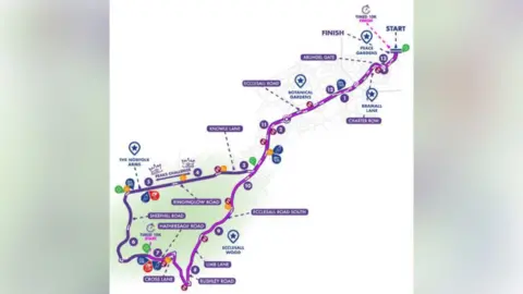 RUN FOR ALL A map of the half marathon's route. Key roads are: Arundel Gate, Charter Row, Ecclesall Road and Ecclesall Road South, Limb Lane, Rushley Road, Cross Lane, Hathersage Road, Sheephill Road, Ringinglow Road, and Knowle Lane.