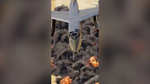 A screenshot of a plane in a computer game surrounded by fire and black smoke