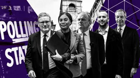 A composite image featuring Sir Keir Starmer, Kemi Badenoch, Sir Ed Davey, Zack Polanski and Nigel Farage and a polling station sign.