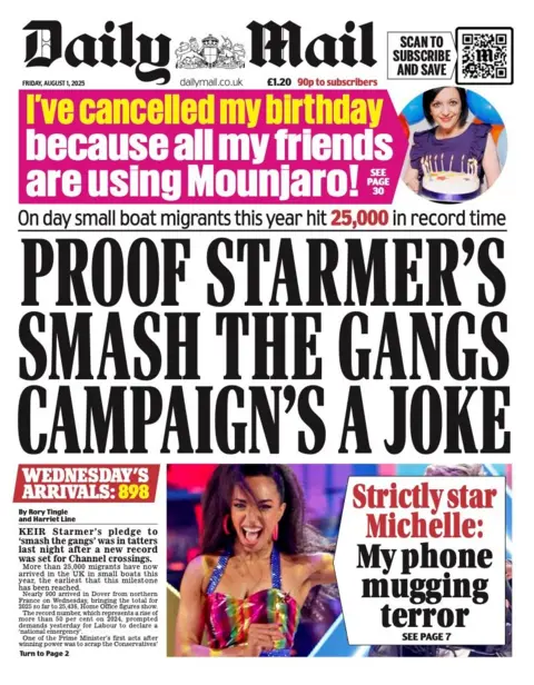 The headline on the front page of the Daily Mail reads: "Proof Starmer's smash the gangs campaign's a joke".