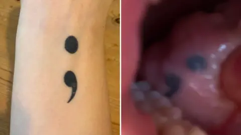 Harriet Trewhitt On the left an arm with a black semi colon tattoo and on the right the inside of a mouth showing a tattoo on a pink tongue