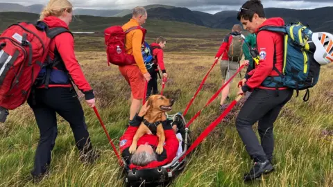 A group of mountain rescue volunteers carry a man and his dog on a stretcher across long grass. The volunteers are wearing bright orange and red clothing and have large rucksacks and protective equipment. The dog has its paws laid on the man who is laid flat on his back on the stretcher.