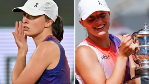 Iga Swiatek looks stressed against Naomi Osaka and smiles with the French Open trophy
