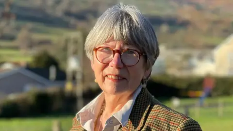 Welsh Liberal Democrats A woman with short grey hair, round brown glasses is looking directly into the camera. She is wearing a white shirt and brown and black check jacket, there are blurred houses and steep hills in the background