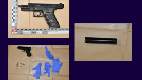 Nottinghamshire Police Three police images show a pistol, silencer, bullets and latex gloves