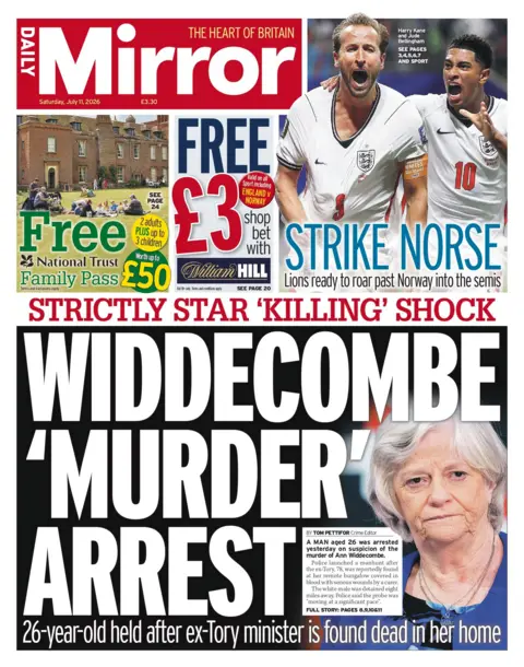 "Widdecombe 'murder' arrest," reads the headline on the front page of the Daily Mirror. 