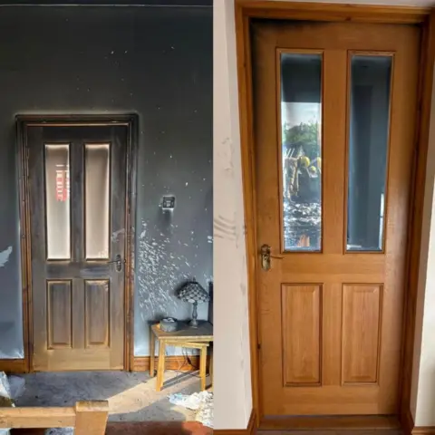 SFRS Two images of different sides of the same shut door. On the left, the light brown wooden door is covered in black soot as it was the side that the fire was on. On the right, the door looks normal. You can see soot through the window panelling