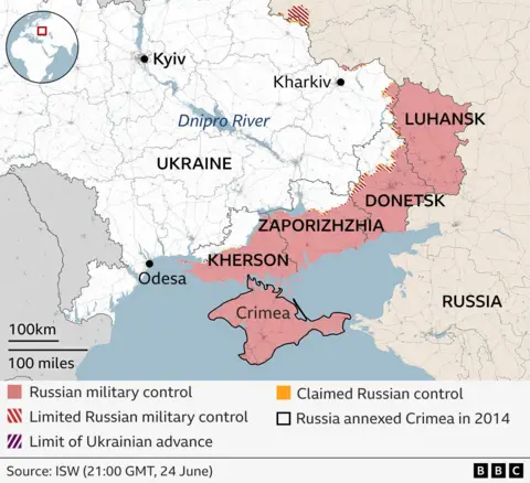 Map showing areas of control in eastern Ukraine and the areas of Kherson, Zaporizhzhia, Donetsk and Luhansk that are not under Russian control