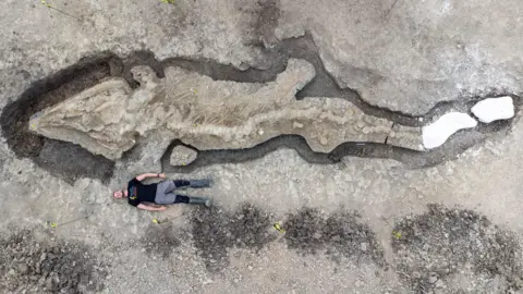 Anglian Water A man lying on the ground next to a fossil in Rutland. 