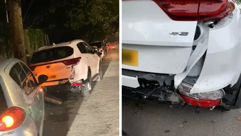Side-by-side images showing car parked along a street at night. On the left, several vehicles are lined up along the curb, with visible damage to the rear of a white car. On the right, a close-up shows the rear of the white car with a broken bumper and crushed lights, with debris visible on the road surface.