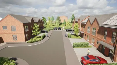 Wigan Council A computer generated image shows a group of terraced and semi-detached properties, with some green space and trees nearby and some grassed areas to the front of them. There are also driveways with cars parked.