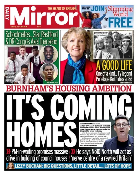 "Its' coming homes" reads the headline on the front page of the Daily Mirror.
