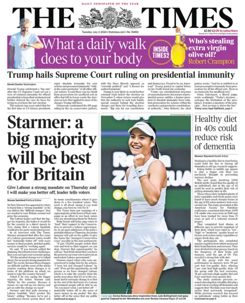 BBC The headline in the Times reads: "Starmer: a big majority will be best for Britain". 