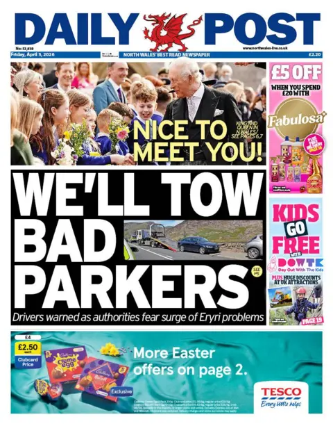 Daily Post Front page of Daily Post for 3 April 2026 with headline "We'll tow bad parkers! and warning to drivers in Eryri
