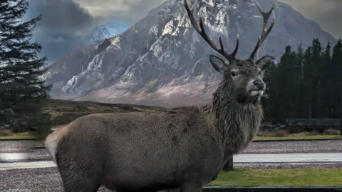 A stag stands side on to the camera with a mountain and trees in the background