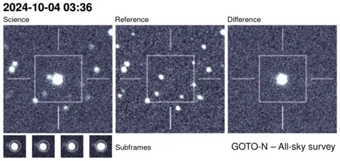 GOTO/T. Killestein A series of images showing the change in the sky with different spots of light changing in brightness, from left to right